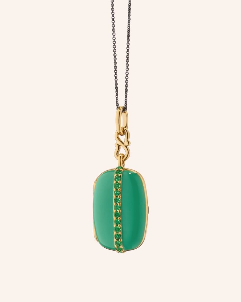 Green Enamel Vermeil Cushion Locket with Tsavorites
